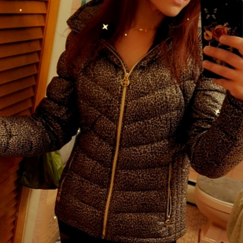 Michael Michael Kors Light Weight Animal Print Hooded Puffer Jacket